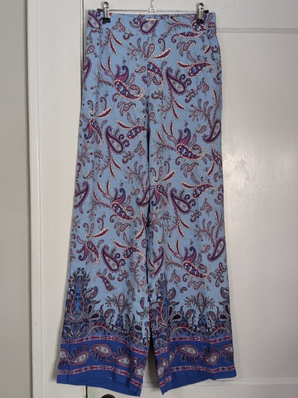 LOFT Women's Size XS Blue Paisley Linen Wide Leg Pull On Pants Bohemian NWT